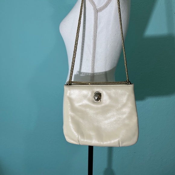 Vintage Ruth Saltz Cream Leather Gold Cougar Head Chain Strap Purse - Picture 2 of 16